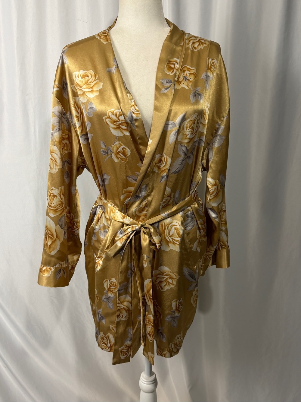 VTG Victoria's Secret Gold Floral Satin Kimono Robe Rose Y2K OS